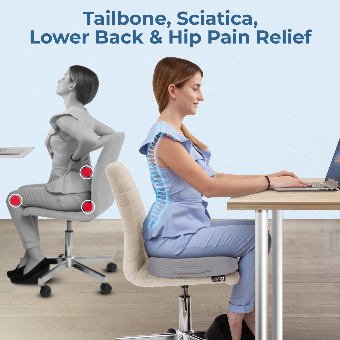 5 STARS UNITED Seat Cushion - Memory Foam Chair Cushion for Tailbone Pain Relief - Ergonomic Support for Coccyx, Sciatica & Butt - Office, Desk & Gaming Chair, Car Seat, Wheelchair, Airplane, L Gray