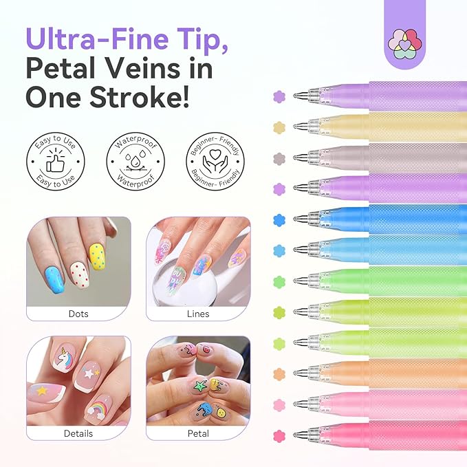 SAVILAND Nail Art Pens Set: 12 Colors Quick-Drying Ballpoint 3D Nail Polish Pens Paint Markers for Nail Art Painting, Dotting, Liner & Detailing Design, Beginner-Friendly DIY Manicure Tools Kit