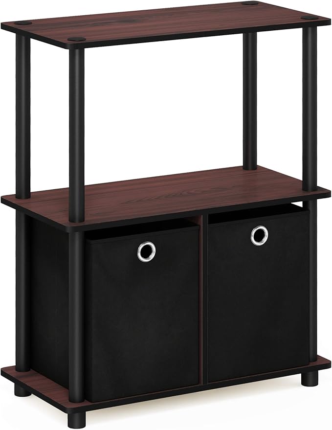 Furinno TURN-N-TUBE Storage Shelves, 3-Tier Toolless Book Shelf with Storage Bins, Display Shelf, for Organization and Storage, Living Room, Garage, Home Office, Dark Cherry