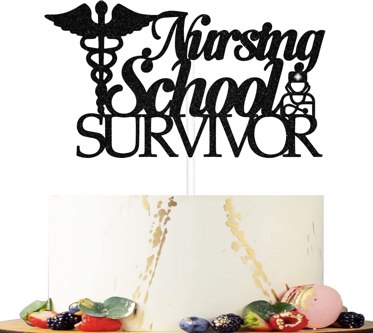 Nursing School Survivor Cake Topper,Class of 2025 Nurse Graduation Cake Decor,Congrats Nurse,Nursing School Graduation Party Decoration Supplies Black