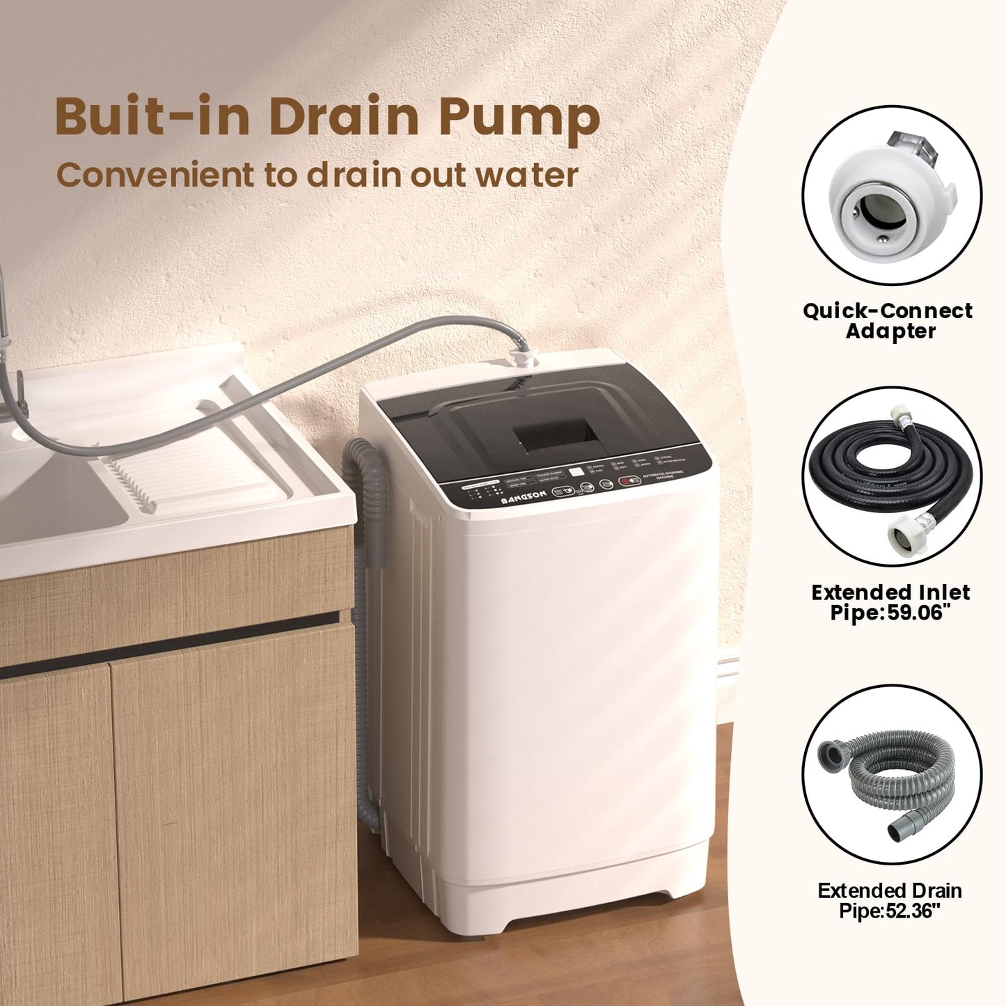 BANGSON Portable Washing Machine, 1.08 cu.ft Portable Washer with LED Display, Built-in Drain Pump, 8 Cycles, Mini Washer for Home, Apartment, Dorm, White