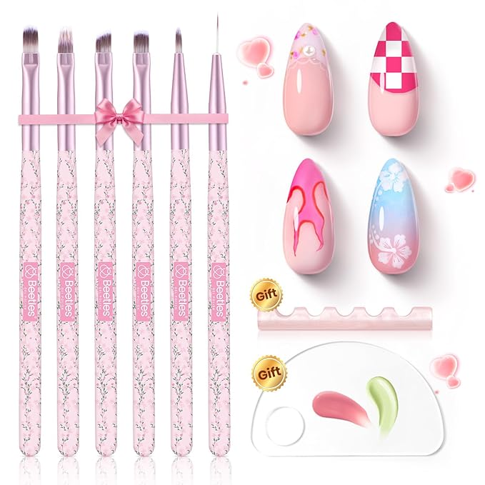 Beetles Gel Polish Nail Art Brushes Set, 6 Pcs Fingernail Art Design Pen, Floral Pattern Handle, Gradient Bristles Nail Brush Set DIY with Palette Dotting Manicure Tool Kit