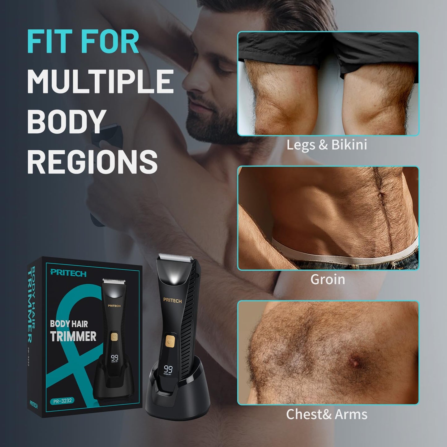 PRITECH Manscape Body Hair Trimmer for Men - Waterproof Pubic Hair Ball Trimmer, Ceramic Blade Electric Razor Body Shavers for Men with USB-C Charging, Wet & Dry Use, Nick-Free Grooming Set, Gift