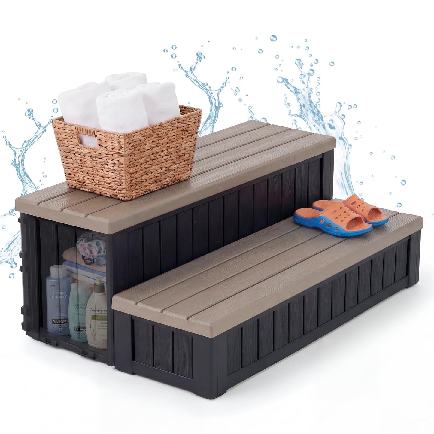 36.6” Hot Tub Steps with Storage, 780 lbs Load Capacity Heavy Duty Outdoor Spa Steps with No-Screw Snap Assembly, Non-Slip Universal Hot Tub Stairs for Spa, Pool, Patio, RV, Porch & Indoor Use, Coffee