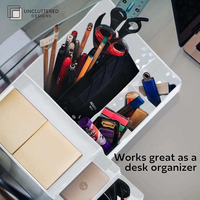 Uncluttered Designs Large Makeup Organizer for Vanity - Countertop Desk With Drawers for Cosmetic, Beauty, Hair, Nail, Perfume & Skincare - Perfect for Bathroom & Bedroom Storage (White)