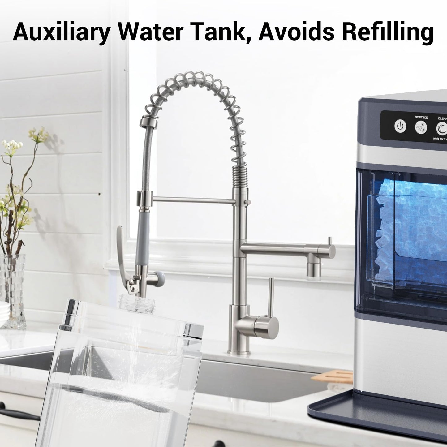 Countertop Nugget Ice Maker with Water Tank, 40 lbs/24H, 5-8min Ready, Self-Cleaning, Chewable Pellet Ice, Stainless Steel Counter Table Ice Machine for Home, Office, RV, Camping