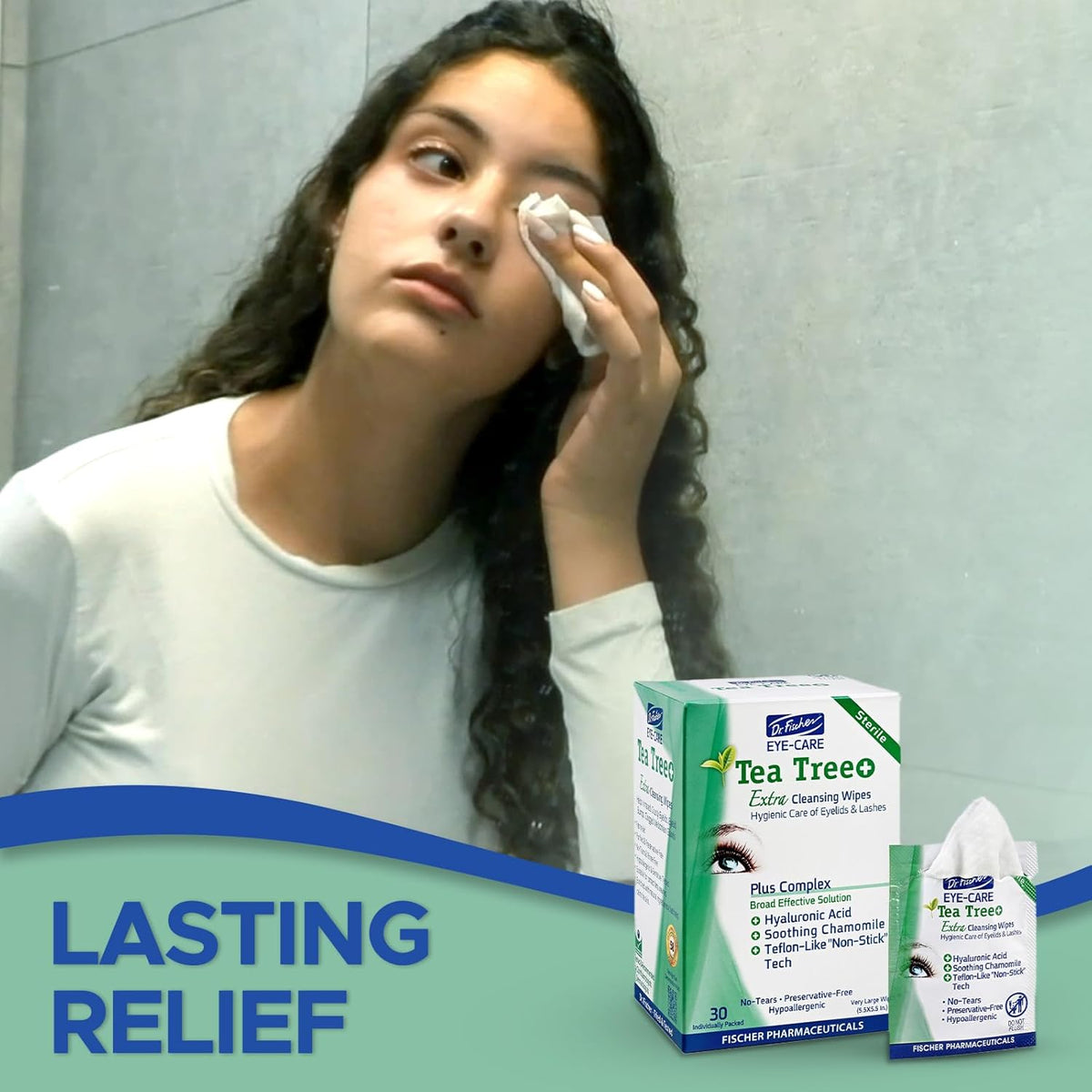 Dr. Fischer Tea Tree Oil Eye Wipes - Eyelid Wipes for Sensitive Eyes with Hyaluronic Acid and Chamomile, Makeup Remover, Daily Cleanser (60 wipes)