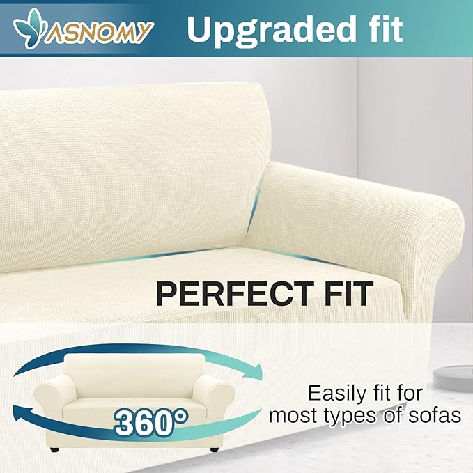 Asnomy Sofa Covers for 2 Cushion Couch Stretch loveseat Covers Slipcovers, Pet Protector Furniture Covers for Dogs Cats Spandex Jacquard Fabric Small Checks （Medium，Off-White）