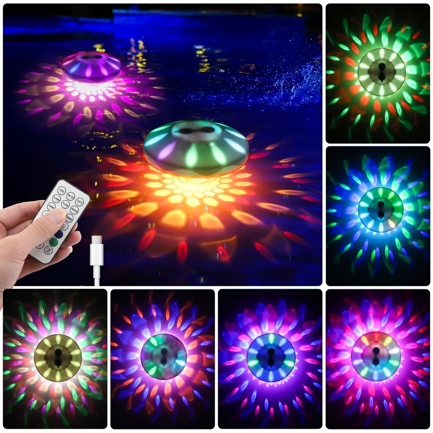 QOLNBY Floating Pool Lights(2 Pack), IP68 Waterproof Pool Lights, Rechargeable RGB Upper and Lower Color Changing Pool Lights with 6 Dynamic Lighting Effects, Floating Light for Pond Gardens,Party