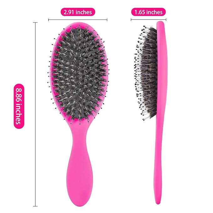 Boar Bristles Hair Brush for Women and Men, Detangling Hair Brush for Smoothing Massage Add Shine, Nylon&Boar Bristles Detangler brush for Hair Healthy (1 Pack-HotPink)