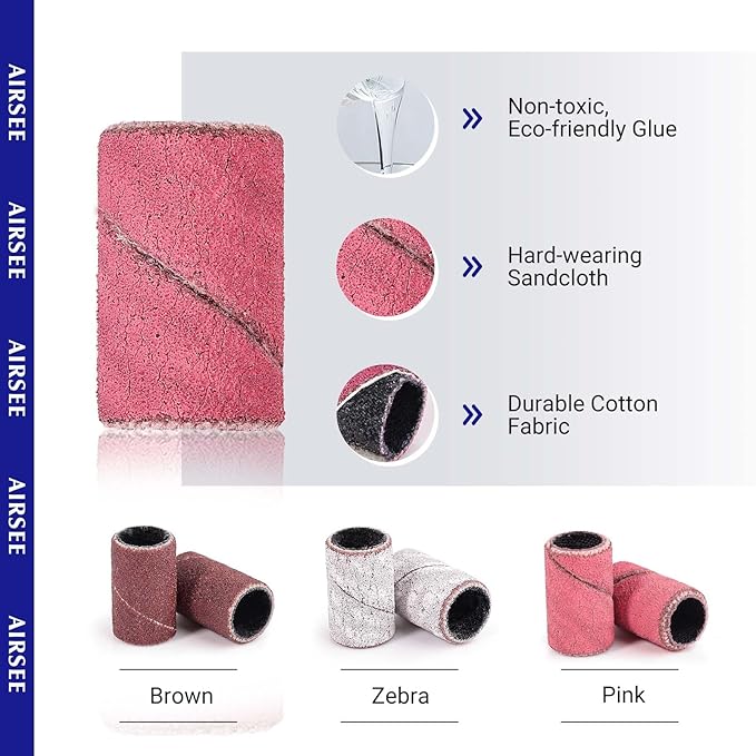 AIRSEE Sanding Bands for Electric Nail Drill 100 Piece Set 240 Grit Fine Acrylic File Attachments Professional 1 Sander Mandrel Bit Beauty Salon Accessories Manicure and Pedicure Finger Callus Pink