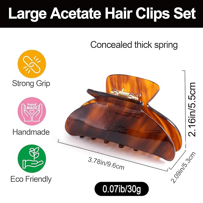 Big Claw Hair Clips for Women Hair Jaw Clips Large Hair Claw Clamps Acetate Hair Clip 2 Pack,Tortoise/Brown