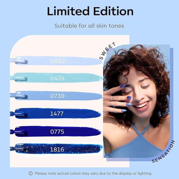 modelones Blue Gel Nail Polish Set 6 Colors, 2026 Spring Pastel Royal Navy Sky Icy Klein Blue Glitter Gel Polish Kit Light to Dark Shades Soak Off All Seaones Nail Art Gel Salon DIY Manicure Gift