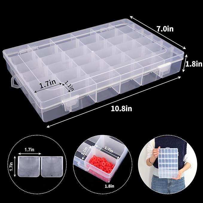 OUTUXED 36 Grids Clear Plastic Organizer Box with Adjustable Compartment Dividers Rock Collection Box for Bead, Nails, Jewelry, Art, DIY Crafts, Fishing Tackle, Small Items Organizers and Storage