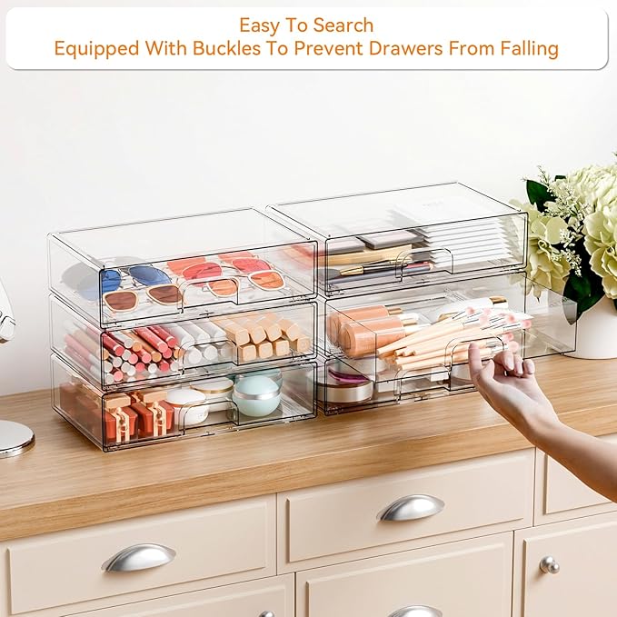 Yieach 12.1''W Clear Stackable Storage Drawers,4Pcs Acrylic Drawer Organizer for Hair Accessories,Makeup Organizers,Plastic Office Supply Organizer for Pen,Pencil,Medicine,Accessory,Craft Organization