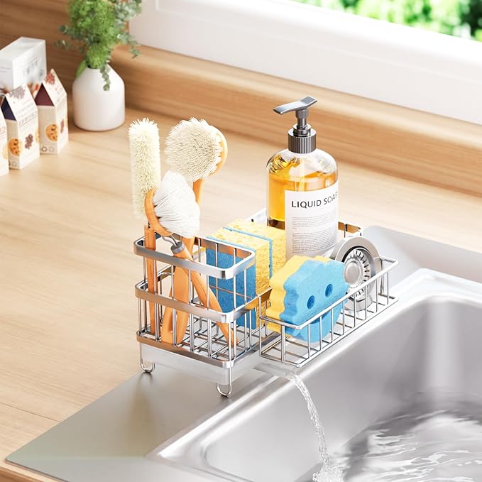 Consuemst Sponge Holder for Kitchen Sink - Auto Draining Sink Caddy Organizer with Detachable Rack, High Brush Holder, Kitchen Countertop Storage Accessories, Silver