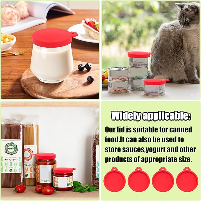 PINE & LINEN 4 Pcs 2.5inch Durable Pet Can Lids, Silicone Small Pet Can Covers Waterproof Cat Food Cans Lids for 3 oz Cat Food Cans（Red）