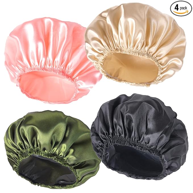 Shower Caps for Women, 4 PCS Elastic and Reusable Bath Caps, Double Layers Shower Cap Reusable Waterproof, Bathing Shower Caps, Environmental Bath Hair Protection Cap - Solid Color B