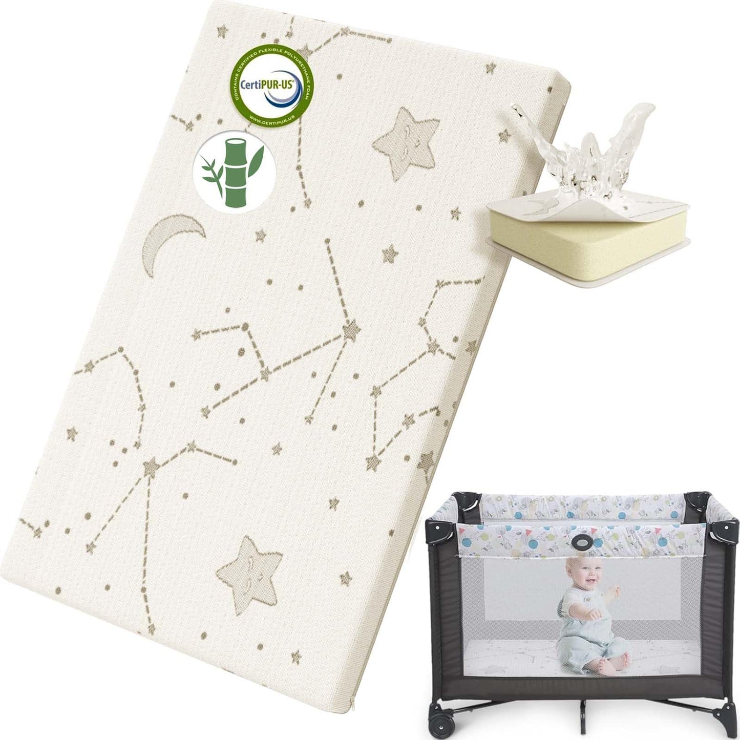 YENING Bamboo Pack and Play Mattress Pad Breathable 38x26 Waterproof Baby Mattress for Pack N Play Matress Topper Waterproof