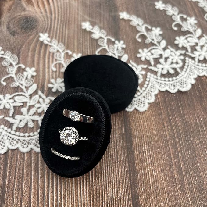 Velvet Oval Ring Box 3 Slots - Premium Wedding Three Rings Box Vintage Handmade Storage Jewelry Organizer for Proposal, Engagement, Wedding Ceremony, Christmas (Black)