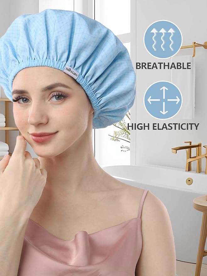 Years calm Shower Caps for Women Reusable Waterproof, Double Layer Waterproof Fabric - Both Sides Usable, Reversible Pattern & Solid Color Design, Soft Elastic Keeps Hair Dry for shower Spa Travel