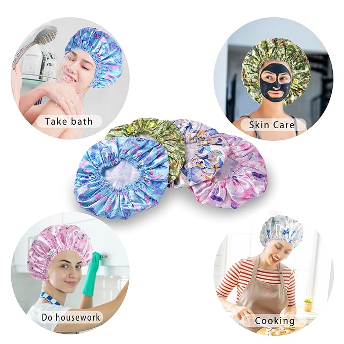4 PCS Shower Cap for Women, Elastic and Reusable Bath Caps, Double Layers Shower Caps Reusable Waterproof, Bathing Shower Caps, Environmental Bath Hair Protection Cap - Butterfly C