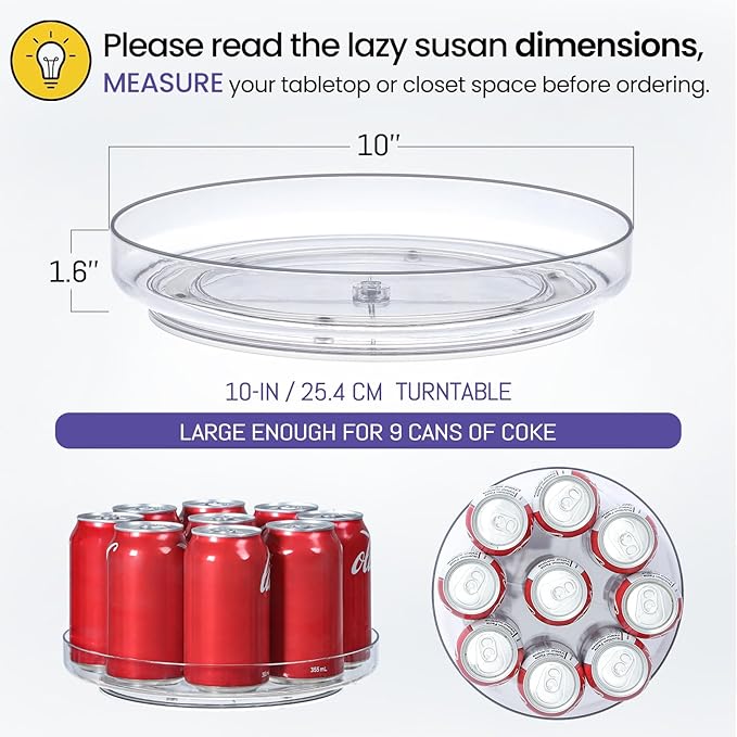 4 Pack, 10 Inch Clear Non-Skid Lazy Susan Organizers - Turntable Rack for Kitchen Cabinet, Pantry Organization and Storage, Fridge, Bathroom Closet, Vanity Countertop Makeup Organizing, Spice Rack
