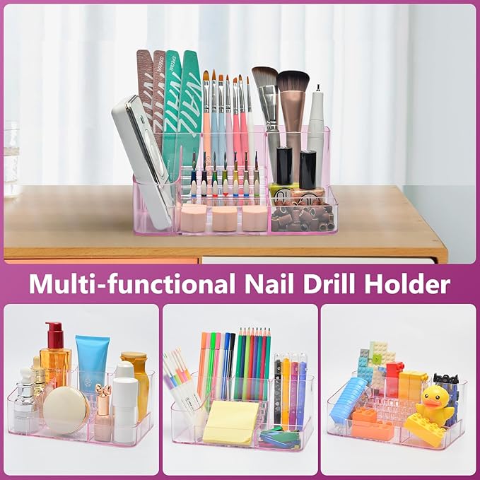 CGBE Nail Drill Holder, 28 Holes Transparent Acrylic Drill Bit Holder for Nails, Professional Nail Tool Organizer and Nail Desk Organizer -Pink (Not Including Nail Drill Machine & Bit)