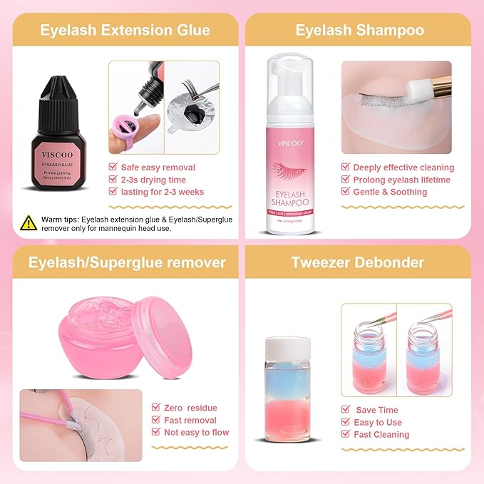VISCOO Upgraded Eyelash Extension Kit for Beginners, Lash Extension Kit with Mannequin Head, Eye Model with Replacement False Lashes,Lash Starter Kit with Fan,Extension Glue and Remover for Training