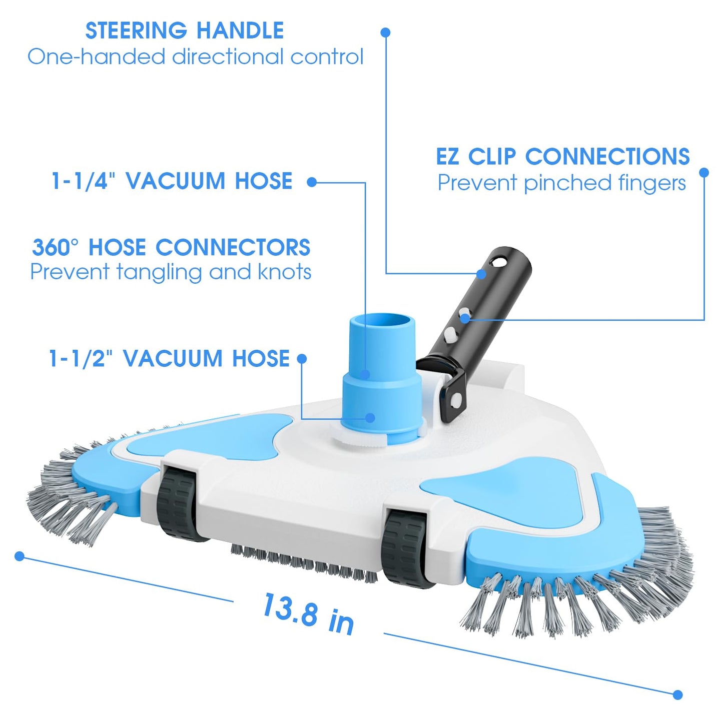 2026 Enhanced TidyMister Pool Vacuum Head with Wheels,Steering Handle Swimming Pool Vac with Side Brush & Rotatable Hose Adapter(Safe for Vinyl Liner) for Inground & Above Ground Pools - Triangle