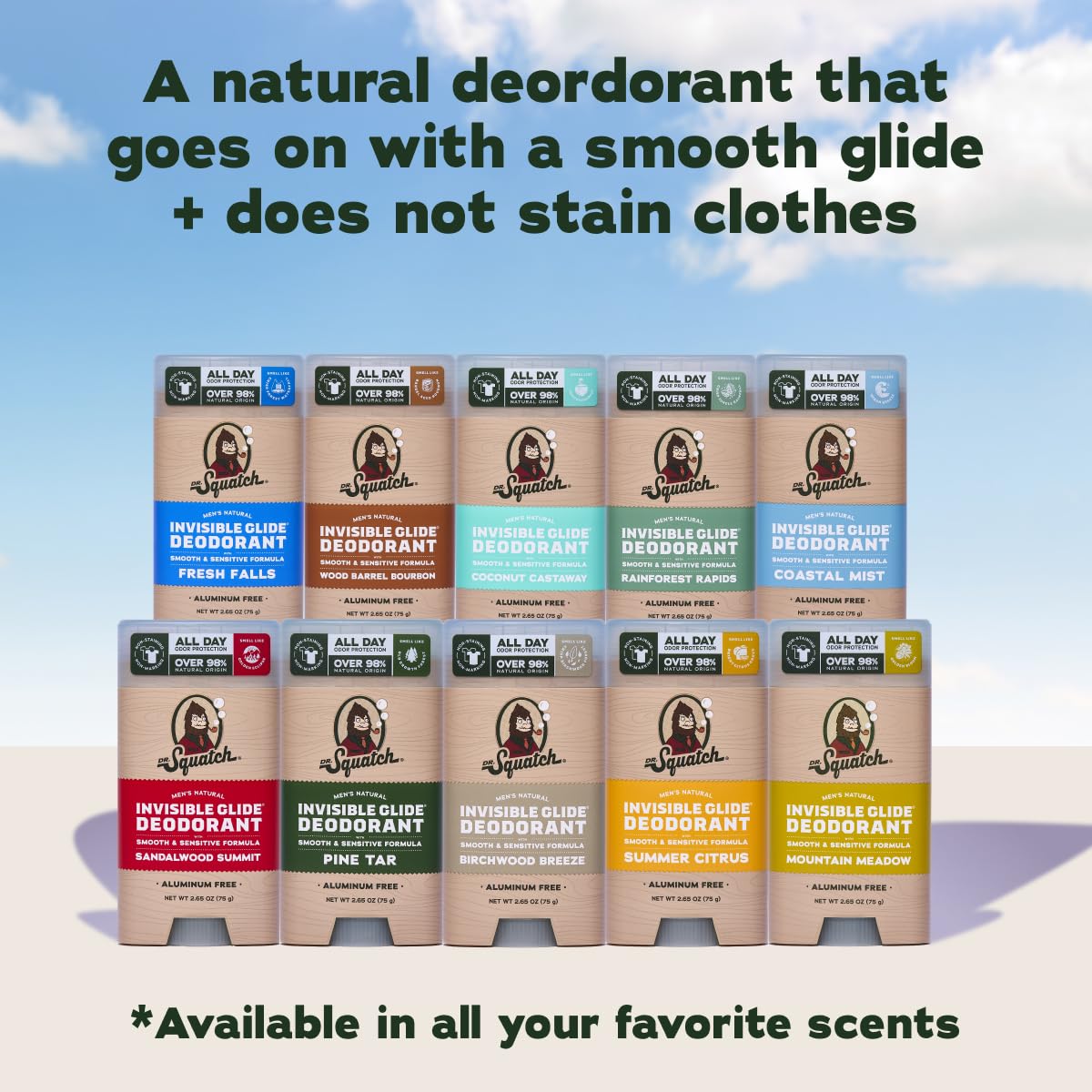 Dr. Squatch Invisible Glide Natural Men’s Deodorant – Smooth Glide, No Stains – Aluminum Free Deodorant Men – Safe for Sensitive Skin – Wood Barrel Bourbon + Rainforest Rapids, 2.65oz (2-Pack)