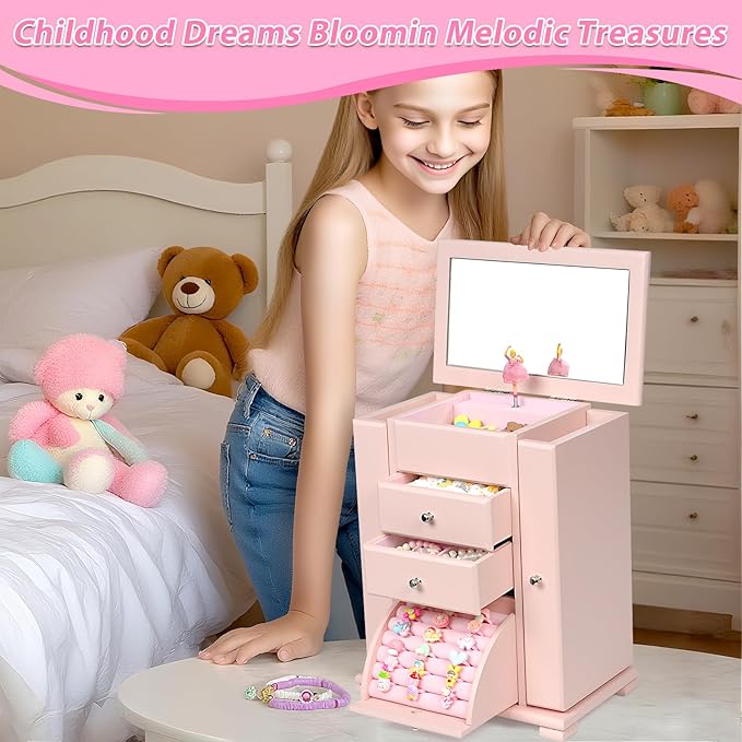 Emfogo Musical Jewelry Box for Girls, Large Kid Music Box with Ballerina for Birthday Bedroom Decor, 5 Layer Girl Jewelry Gifts for Girls Kids - Pink