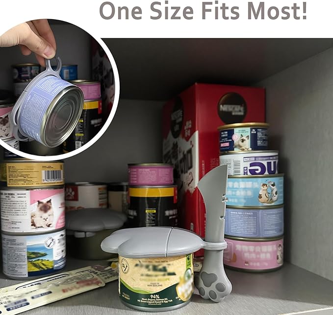 3 Pcs Cat Food Can Covers & One Can Opener | Cute Paw Shape Lids and Opener Spatula Cat Wet Food Spoon | Universal BPA Free Silicone Spoon & Covers for Dog Cat Cans(Grey)