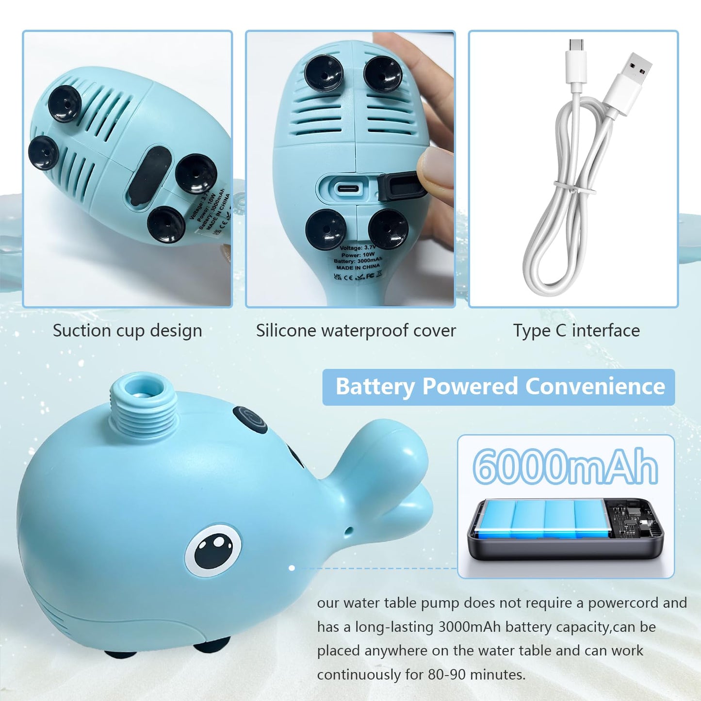Aacabo Rechargeable Water Table Pump with Huge Water Output,Water flow rate up to 8L/min (2.11 GPM),Kids Sand Water Play Pump,Whale-Shaped Design,Suitable for Most Water Table on the Market