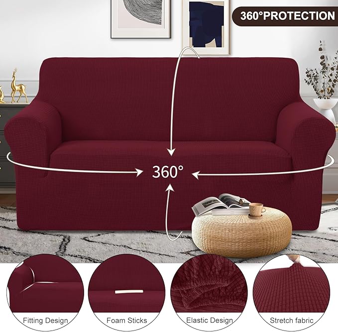U-NICE HOME Oversized Stretch Loveseat Couch Cover Sofa Covers Washable Sofa Slipcover Furniture Protector for 2 Cushion Couch Sofa Pet Friendly, Burgundy