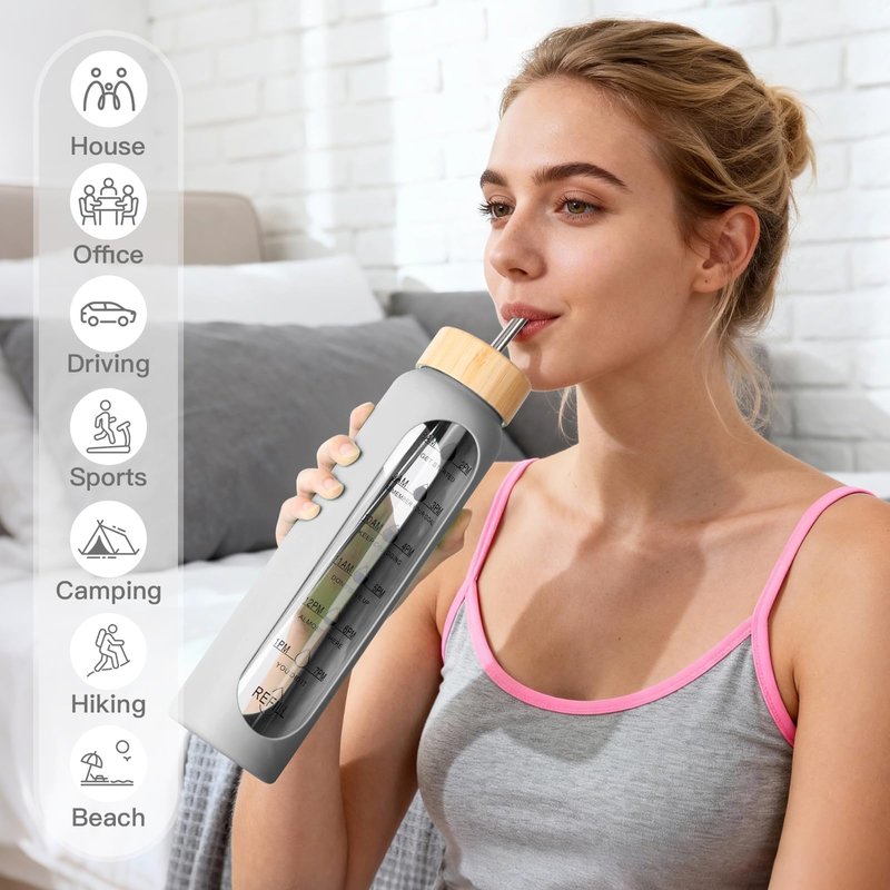 Sinekequnsun 32oz Glass Water Bottle with Time Marker, 2 Lids-Handle Spout Lid & Bamboo Straw Lid, 1 Liter Motivational Borosilicate Water Bottle for Gym, Office, Travel (Gray)