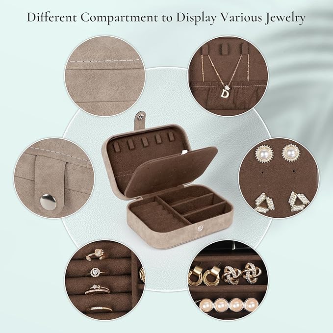 Hatori Travel Jewelry Box, PU Leather Small Jewelry Organizer for Women Girls, Portable Mini Travel Case Display Storage Holder Boxes for Stud Earrings, Rings, Necklaces, Bracelets (Brown)