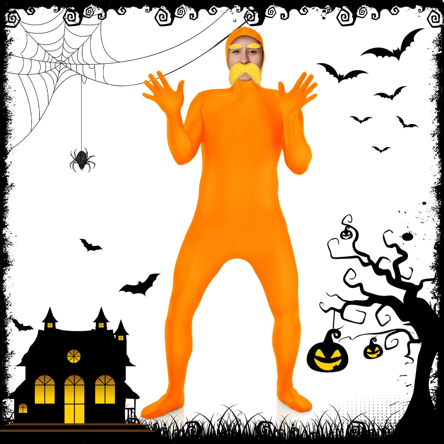 HIYZI Orange Costume Yellow Mustache and Eyebrows Halloween Costume Orange Jumpsuit for Halloween Christmas Festival Party Cosplay Men Women (S)