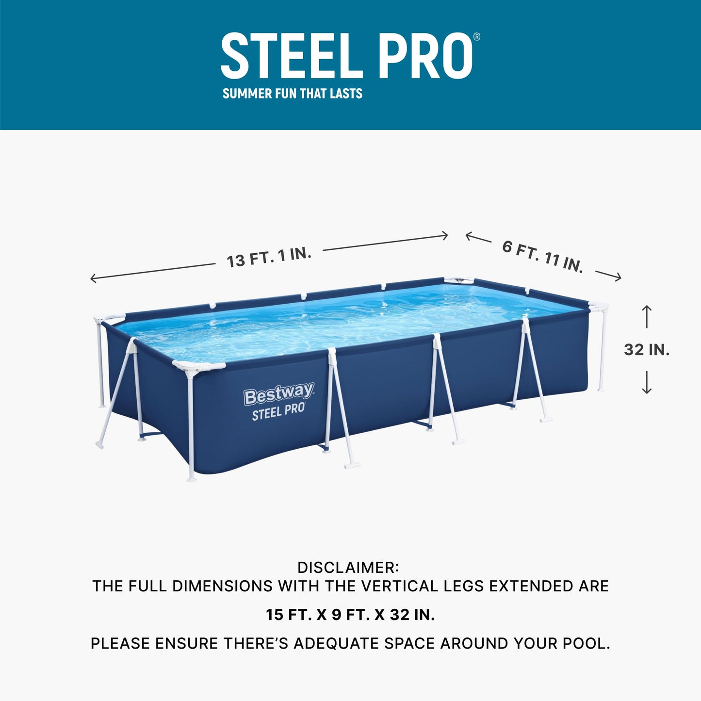 Bestway Steel Pro 13 Foot x 32 Inch Rectangular Above Ground Outdoor Pool Steel Framed Vinyl Swimming Pool with 1,506 Gallon Water Capacity, Blue