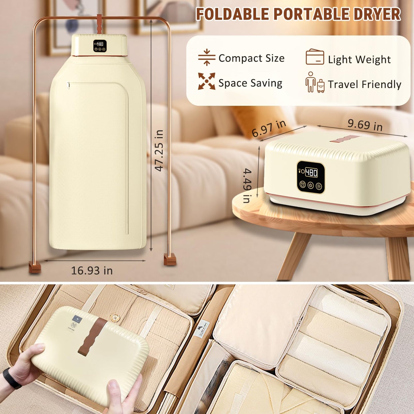 Portable Clothes Dryer, 8H Timer, w/Remote Control & Dry Bag, Mini Compact Foldable Fast Electric Dryer Machine for Laundry, Travel, Apartment, RV, Dorm, Quiet 45dB, Energy Save, 600W