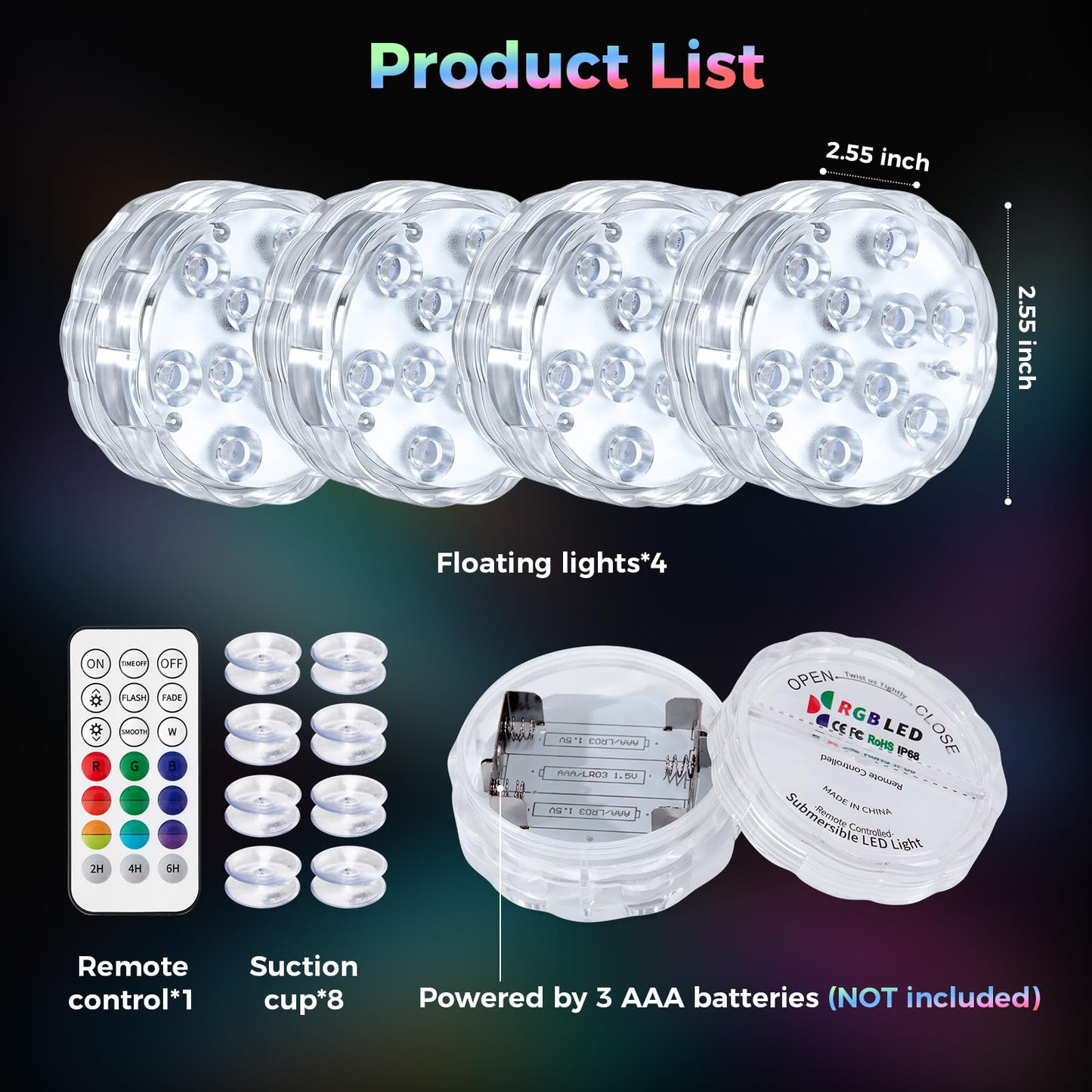 BITIWEND 2026 Upgraded Submersible LED Pool Lights with Remote, 10 LEDs IP68 Waterproof Floating Lights Battery Powered Lights for Hot Tub, Spa, Vase, Pond, Decoration, Party (4 Pack)