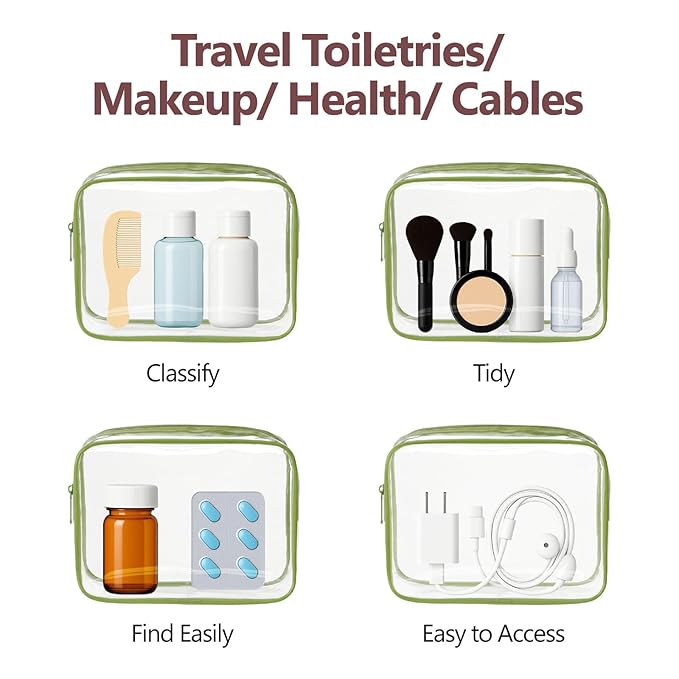 PACKISM TSA Approved Toiletry Bag - Clear Makeup Bag 3 Pack Medium, Quart Size Bag for 3-1-1 Liquids with Metal Smooth Zipper, Travel Makeup Bag for Women, Airport Airline Compliant Bag, Sage Green