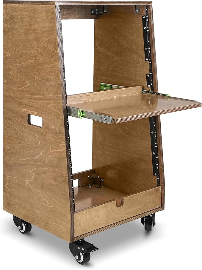 Sound Town DIY Slanted 16U Studio Rack (8U Top + 8U Lower), with 2U Bottom Storage, Slide-Out Tray, Caster, Plywood, Weathered Brown For Recording Room, Home Studio (SDRK-ST16TB)