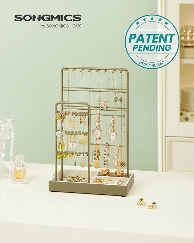 SONGMICS Jewelry Holder, Jewelry Organizer, Jewelry Display Stand with Metal Frame, Velvet Tray, Necklace Earring Bracelet Holder, for Studs, Rings, Gift Idea, Laurel Green UJJS021C02