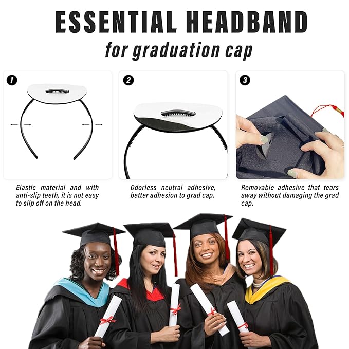 No-Slip Graduation Cap Headband, 2 Pcs Comfortable Grad Cap Headband Insert with Eva Foam Sticker, Reliable Grip for All-Day Ceremony, Fits Most Head Sizes
