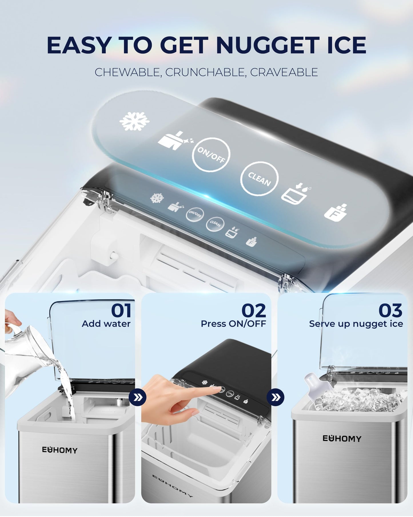 EUHOMY Nugget Ice Maker Countertop, Max 40lbs/Day, Auto-Cleaning, 2Qt Reservoir, Compact Sonic Ice Maker with 2.5lbs Basket and Scoop, Soft Chewable Nugget Ice for Home/Party/RV/Camping (Stainless)