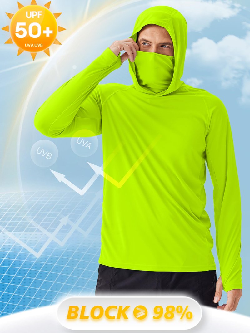 Men's Sun Hoodie Shirt with Mask UPF 50+ Fishing Shirts for Men UV Protection Shirts Long Sleeve Rash Guard Hiking Clothes L Lemon Green