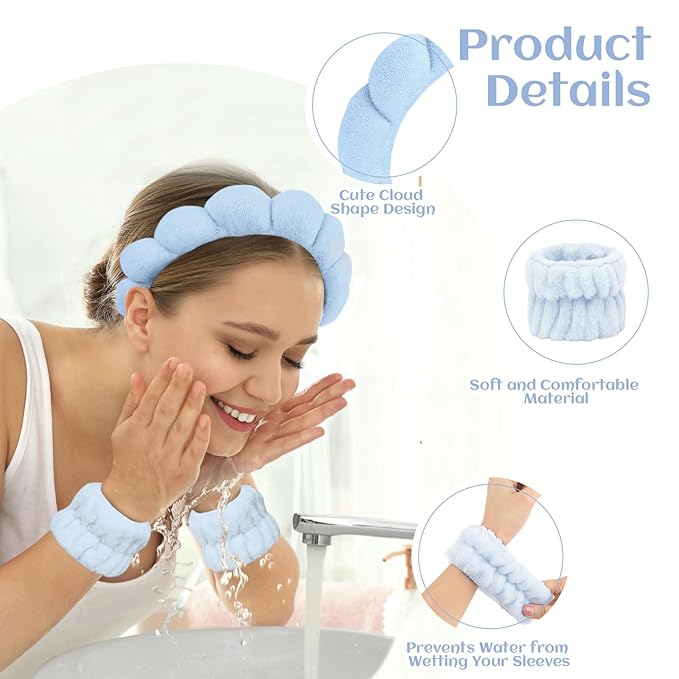 6 Pcs Puffy Terry Cloth Headbands and Wristbands - Sponge Makeup Removal Shower Masks for Skincare and Face Washing