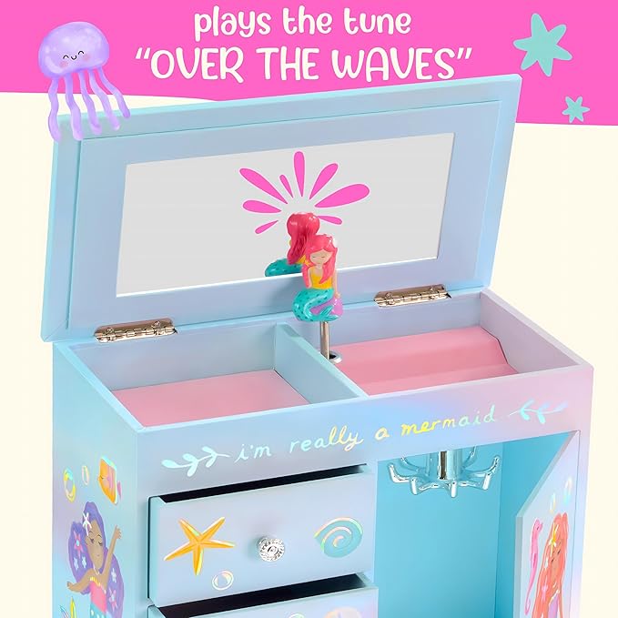 Giggle & Honey® Mermaid Musical Jewelry Box for Girls Kids Music Box with Drawers, Mermaid Mermaid Gifts for Girls, Mermaid Jewelry Boxes for Ages 3-10