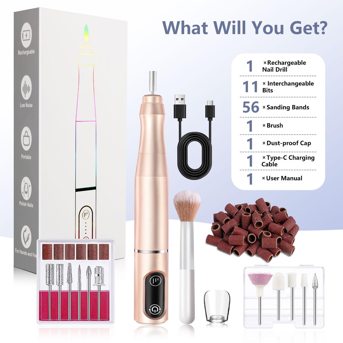 TUOBEO Cordless Nail Drill Electric Rechargeable File Kit, Professional Efile Acrylic Gel Nail Polish Remover Pedicure Manicure Machine Portable Set with 11 Bits 56 Sanding Bands for Salon Home Gold